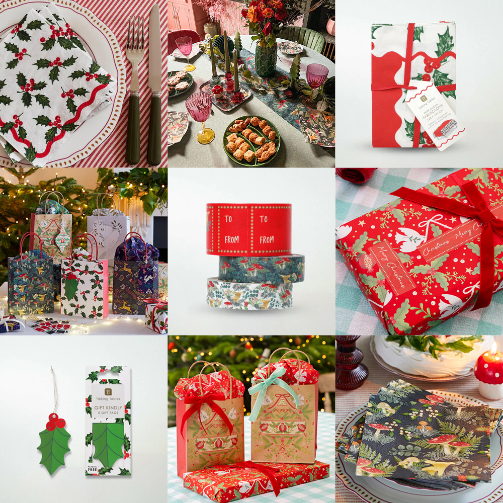 Christmas table decorations, wrapping paper and gift tags.