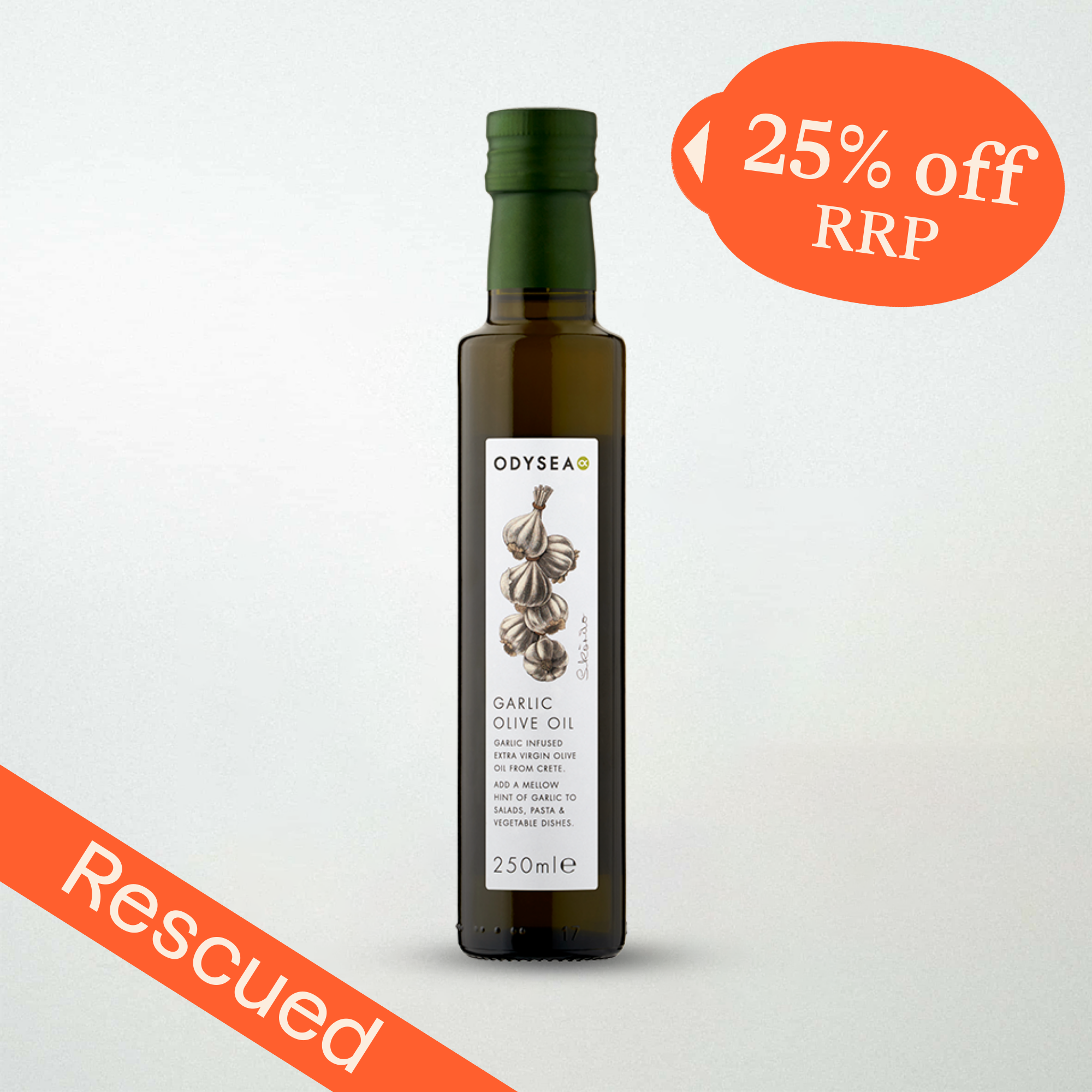 Bottle of Odyssea Garlic Olive Oil with a 25% off RRP label on a white background.