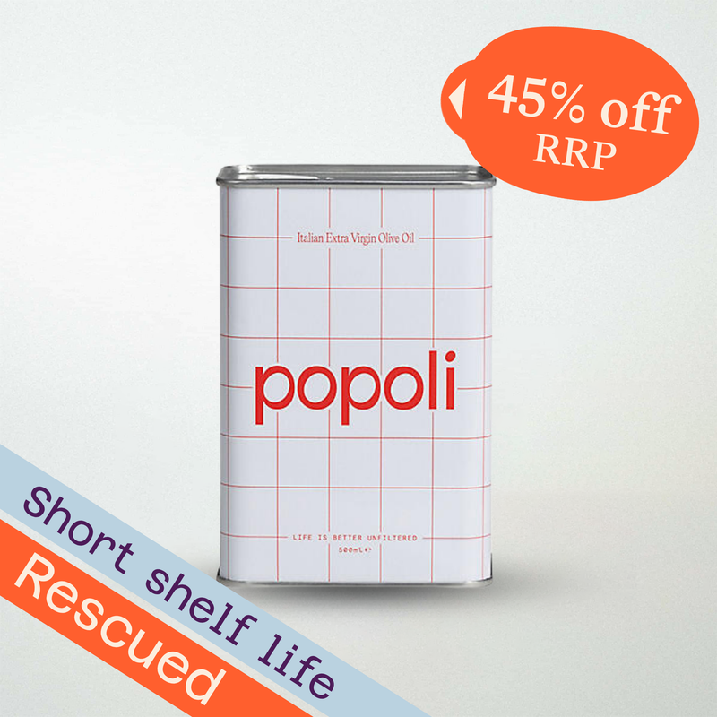 A canister of Popoli Italian Extra Virgin Olive Oil on a light gray background, featuring a white label with a red grid pattern and red text. An orange circular sticker in the top right reads '45% off RRP', and a diagonal blue banner in the bottom left reads 'Short shelf life Rescued'.