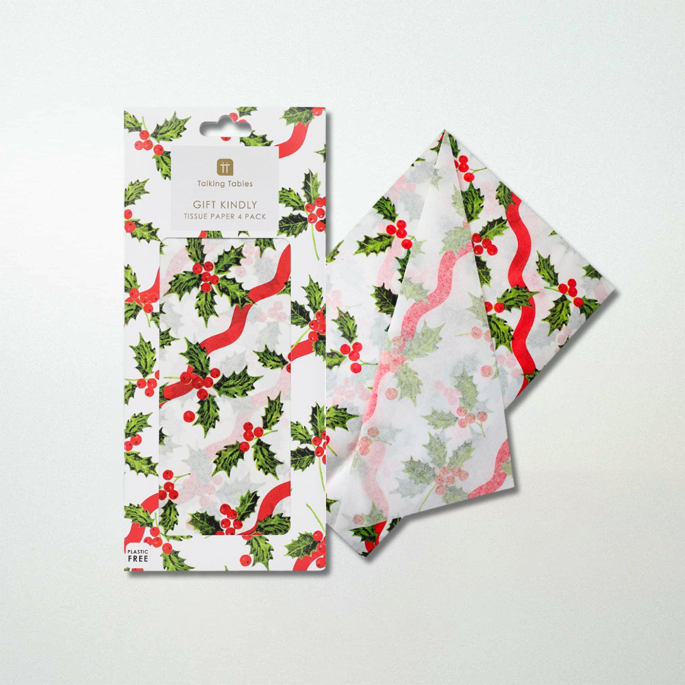 Talking Tables Holly White Christmas Tissue Paper 4 Pack